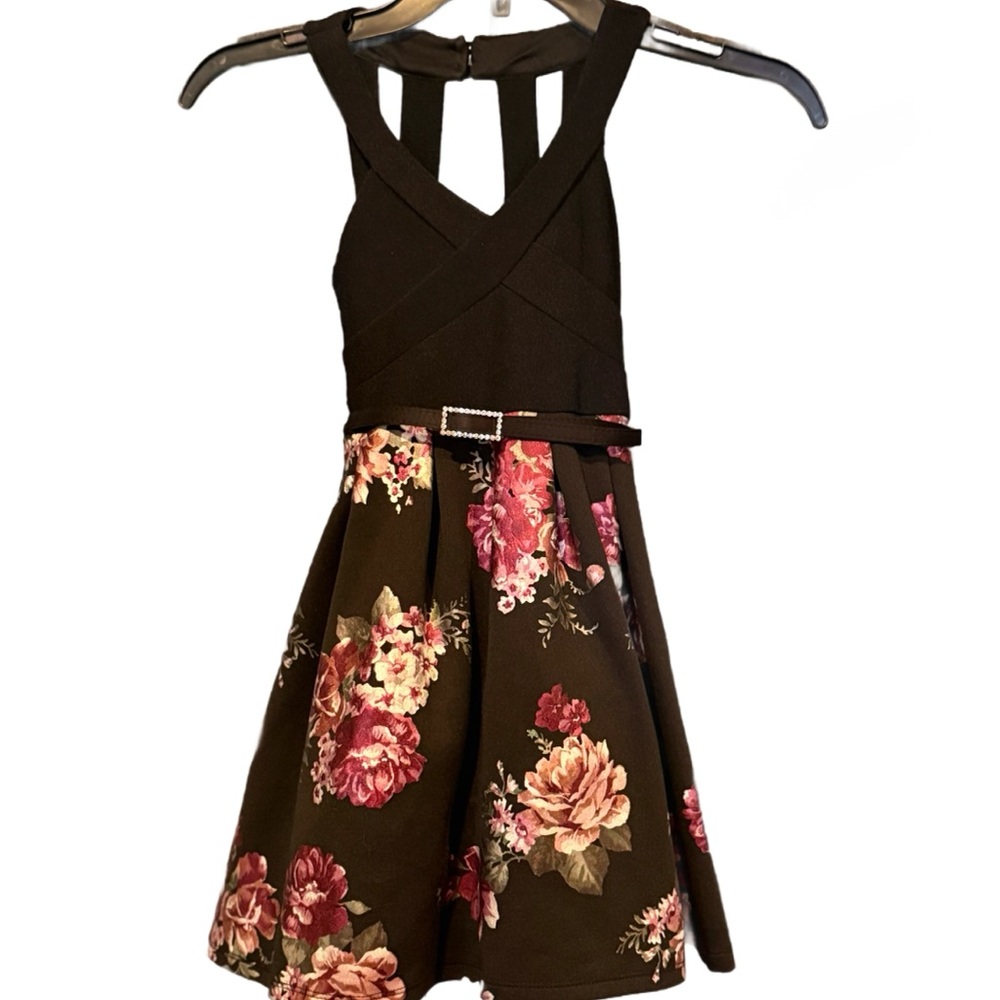 Elegant Floral Girls Dress in Black and Pink